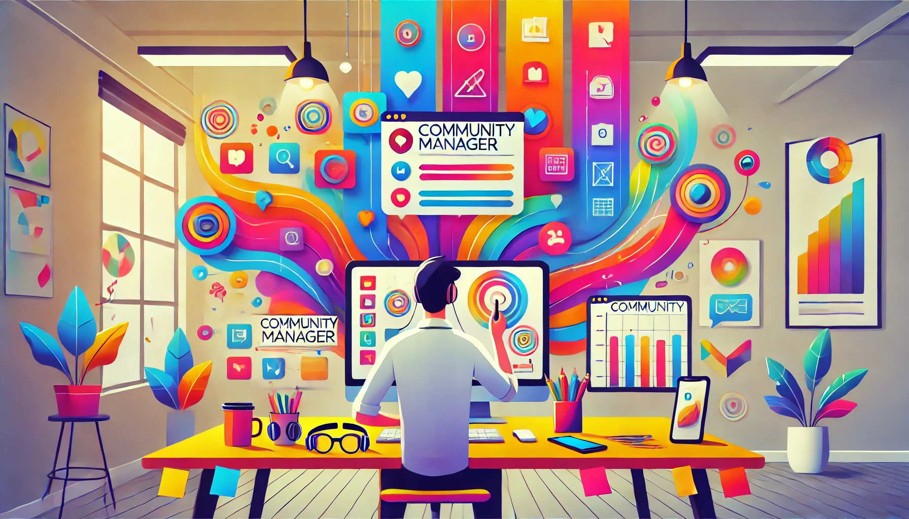 DALL·E 2025-01-27 10.43.43 – A modern and vibrant horizontal illustration of a community manager at work. The person is sitting at a desk with multiple monitors showing abstract c copia